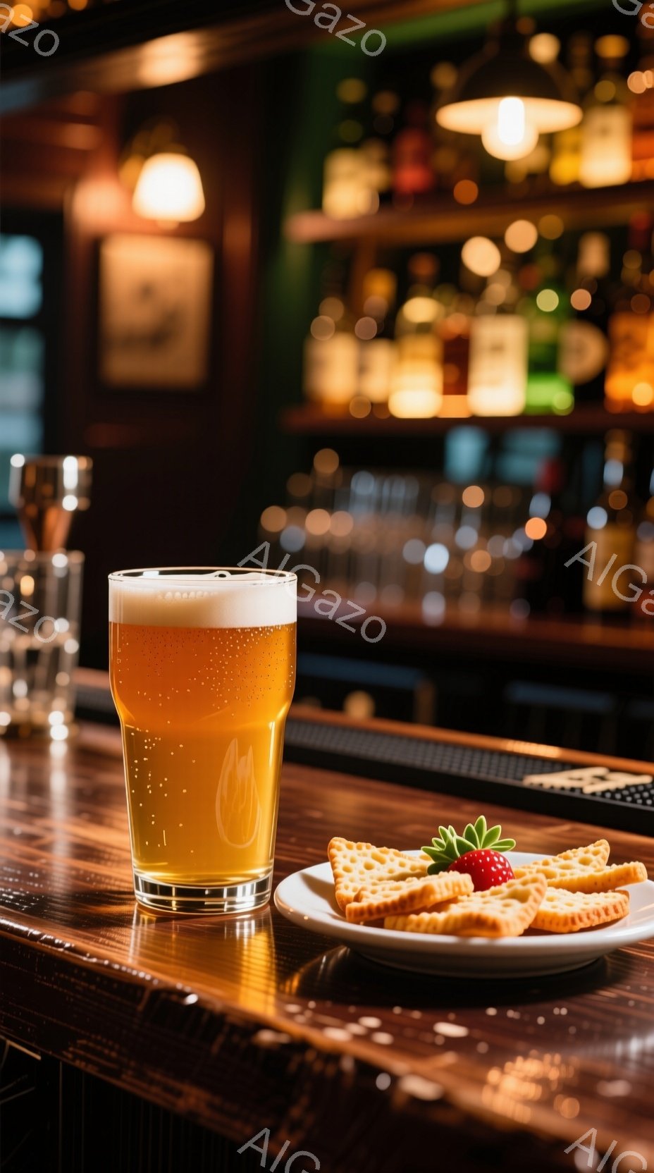 画像は、木製のカウンターの上に置かれた一杯の泡立つビールと、小さな白い皿に盛られたクラッカーとイチゴを示しています。背景には、ぼやけたボトルが並んだバーカウンターがあり、暖かく、落ち着いた雰囲気を作り出しています。光の反射がカウンターの表面を照らし、居心地の良い空間を強調しています。