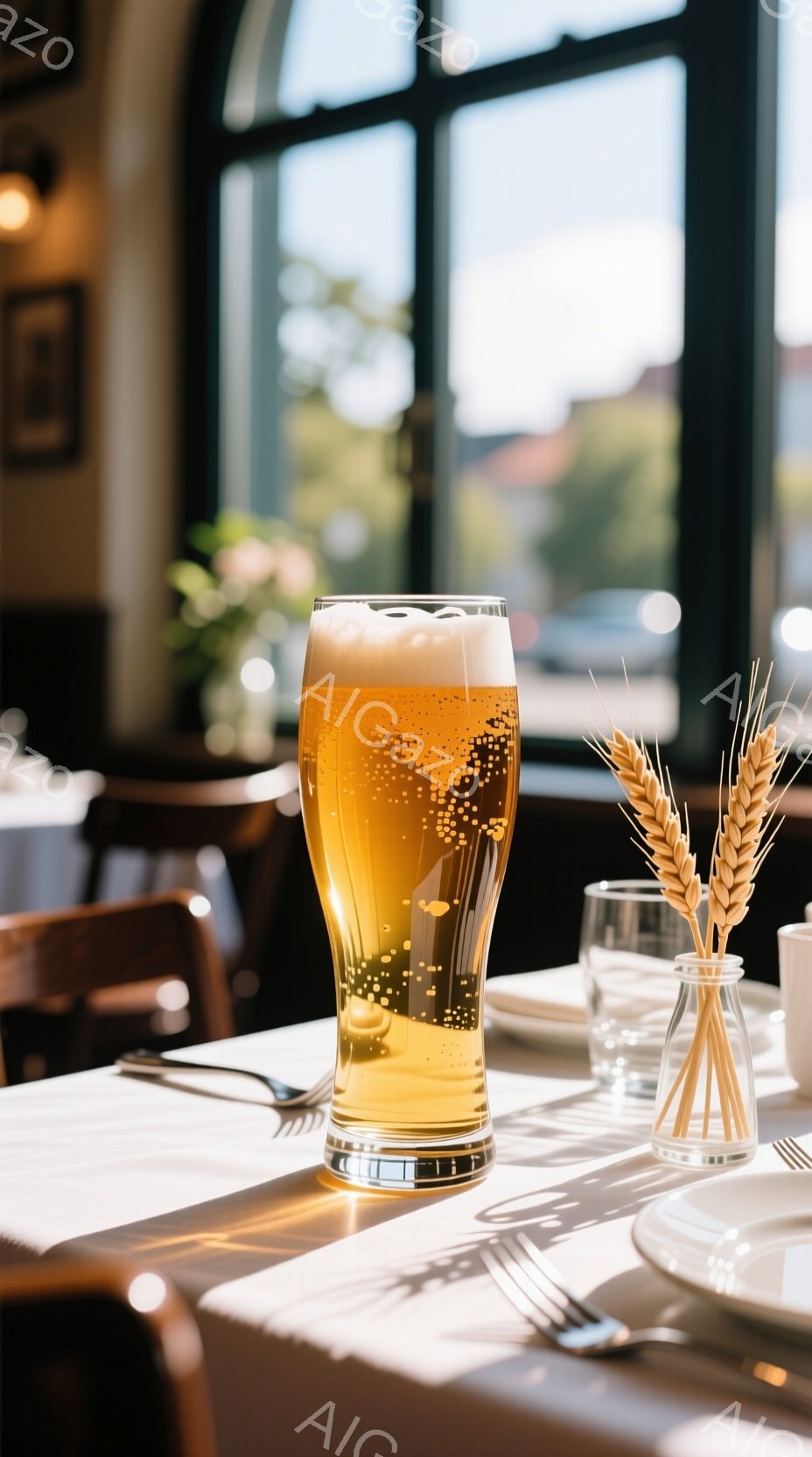 白いテーブルクロスが敷かれたレストランのテーブルに、泡がたっぷりの冷たいビールが置かれています。背景には明るい自然光が差し込む窓と、ぼやけた建物のシルエットが見え、金色の麦の穂が小さな花瓶に生けられています。 全体的に明るく、爽やかな夏の日のランチタイムを連想させる雰囲気です。