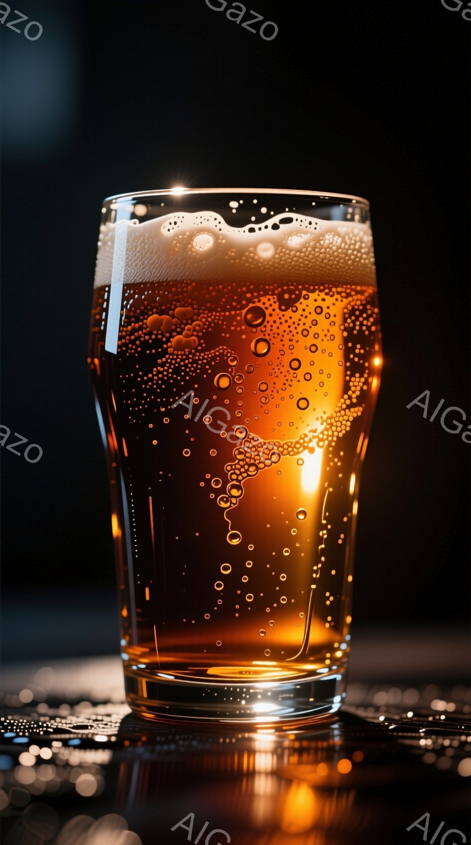 琥珀色のビールがグラスに満たされ、きめ細かい泡が立ち上っている。グラスは光を反射して輝き、背景にはぼやけた光の粒子が見え、暖かく落ち着いた雰囲気を醸し出している。テーブルの表面は光沢があり、ビールの黄 - AI生成フリー素材