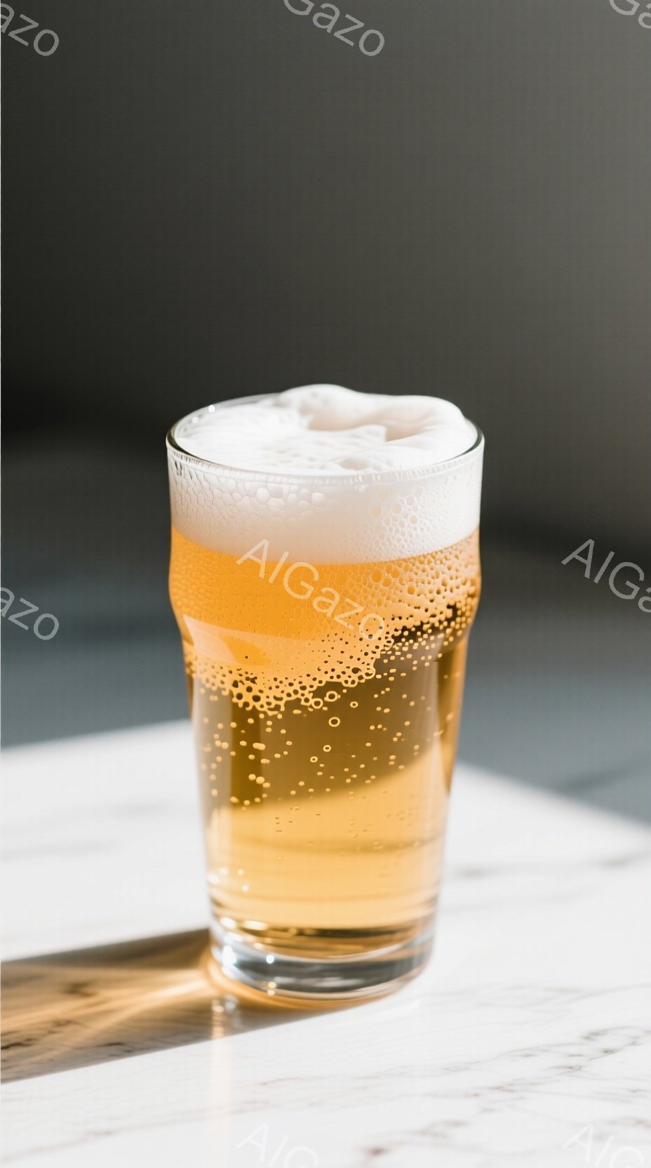 透明なグラスに、泡立ちの美しい金色のビールが注がれています。白い泡はふっくらとしており、液体部分には小さな気泡が多数浮かんでいます。背景は灰色で、テーブルは白い大理石の模様があり、全体的に爽やかで落ち - AI生成フリー素材