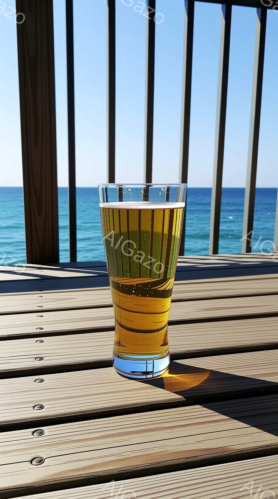 庭のウッドデッキに置かれた、泡の立つ冷たいビールが写っている。背景には、晴れた空と穏やかな青い海が広がり、夏の心地よい時間が感じられる。全体的に明るく爽やかな印象で、リラックスした雰囲気が漂っている。