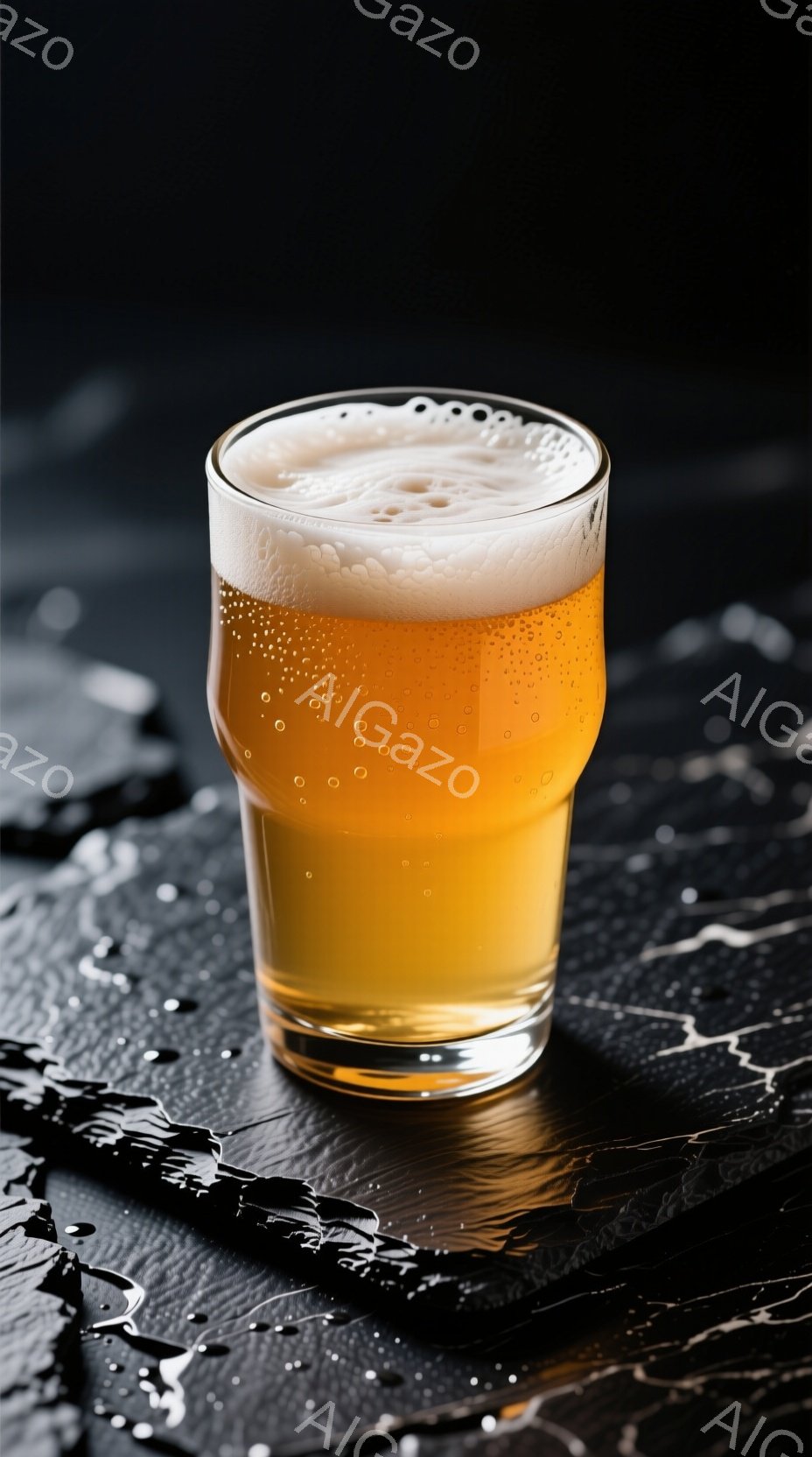 ガラス製のグラスに琥珀色のビールが注がれており、白い泡がたっぷりとのっています。グラスの底と周囲には水滴が広がり、黒色のざらついた背景がビールの色合いを引き立てています。 全体として、冷たくて爽やかな - AI生成フリー素材