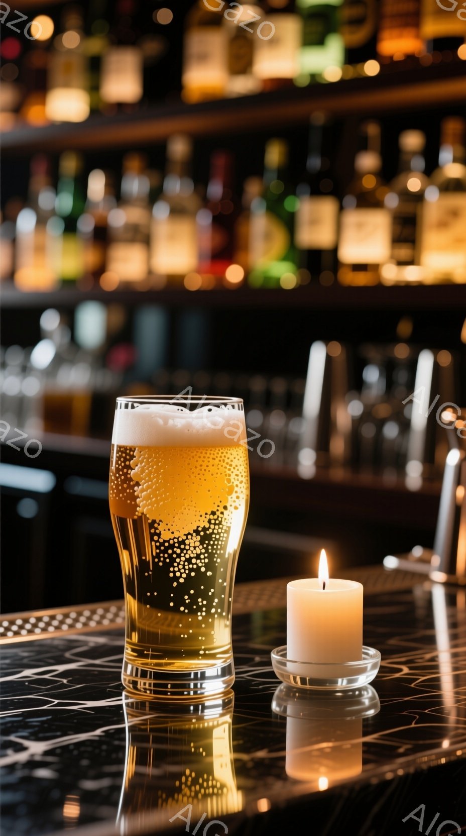 テーブルの上には、泡が立ち上る黄金色のビールが入ったグラスと、灯された白いキャンドルが置かれています。背景には様々な種類の酒瓶が並び、カウンター席の様子がうかがえます。全体的に落ち着いた照明と反射が、暖かく静謐な雰囲気を醸し出しています。
