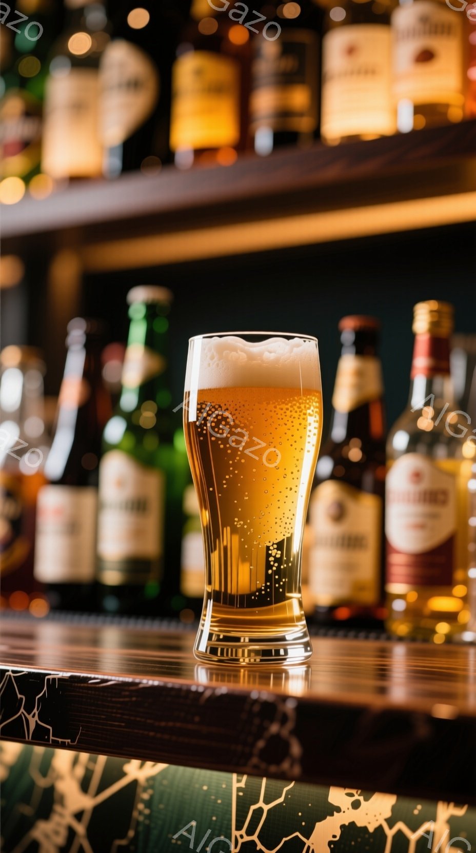 バーカウンターの上に置かれたグラスに入ったビールが写っている。グラスは泡立ち、金色の液体が輝き、背後には様々な種類の酒瓶が並んでいる。カウンターの表面には、光が反射して幾何学模様のような模様が浮かび上 - AI生成フリー素材