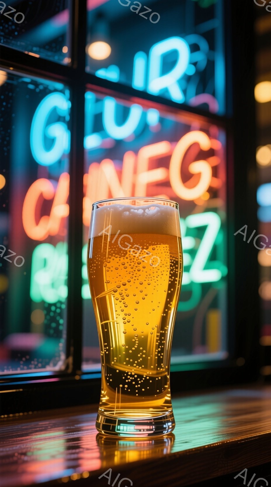 鮮やかなネオンライトを背景に、冷たいビールが入ったグラスが置かれている。グラスは汗で覆われ、ビールからは小さな泡が立ち上っている。カウンターの光沢が反射し、華やかで賑やかなバーの雰囲気を醸し出している。