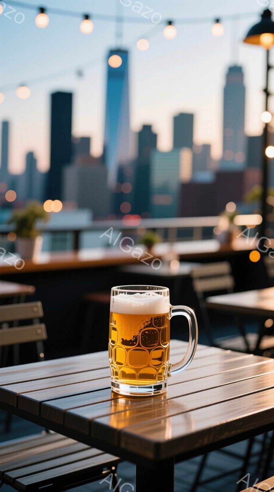 木造のテーブルの上に、泡が乗ったビールのグラスが置かれています。背景には、夕暮れ時の摩天楼がぼんやりと見え、街の灯りが点り始めています。全体的に落ち着いた雰囲気で、都会の喧騒を離れたテラス席でくつろぐような情景が目に浮かびます。