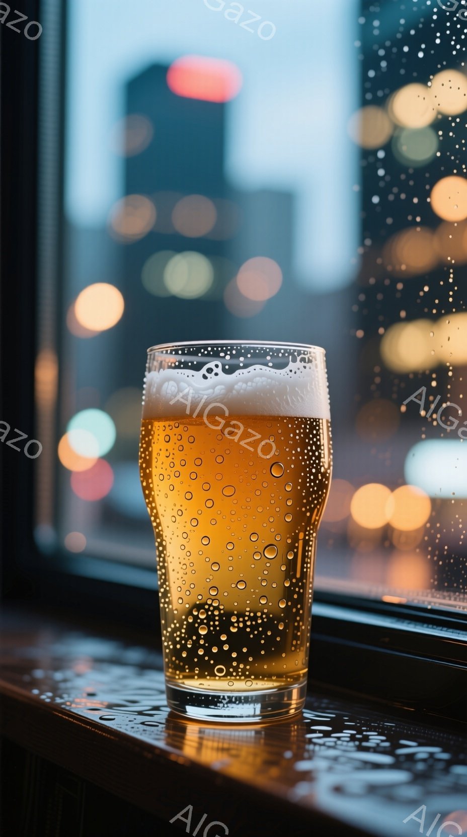 グラスに注がれたビールが、窓の外の夜景を背景に輝いている。窓には雨粒が付き、街の光がぼやけて見える。全体的に落ち着いた雰囲気で、夜にバーやパブでビールを楽しむ様子を彷彿とさせる。