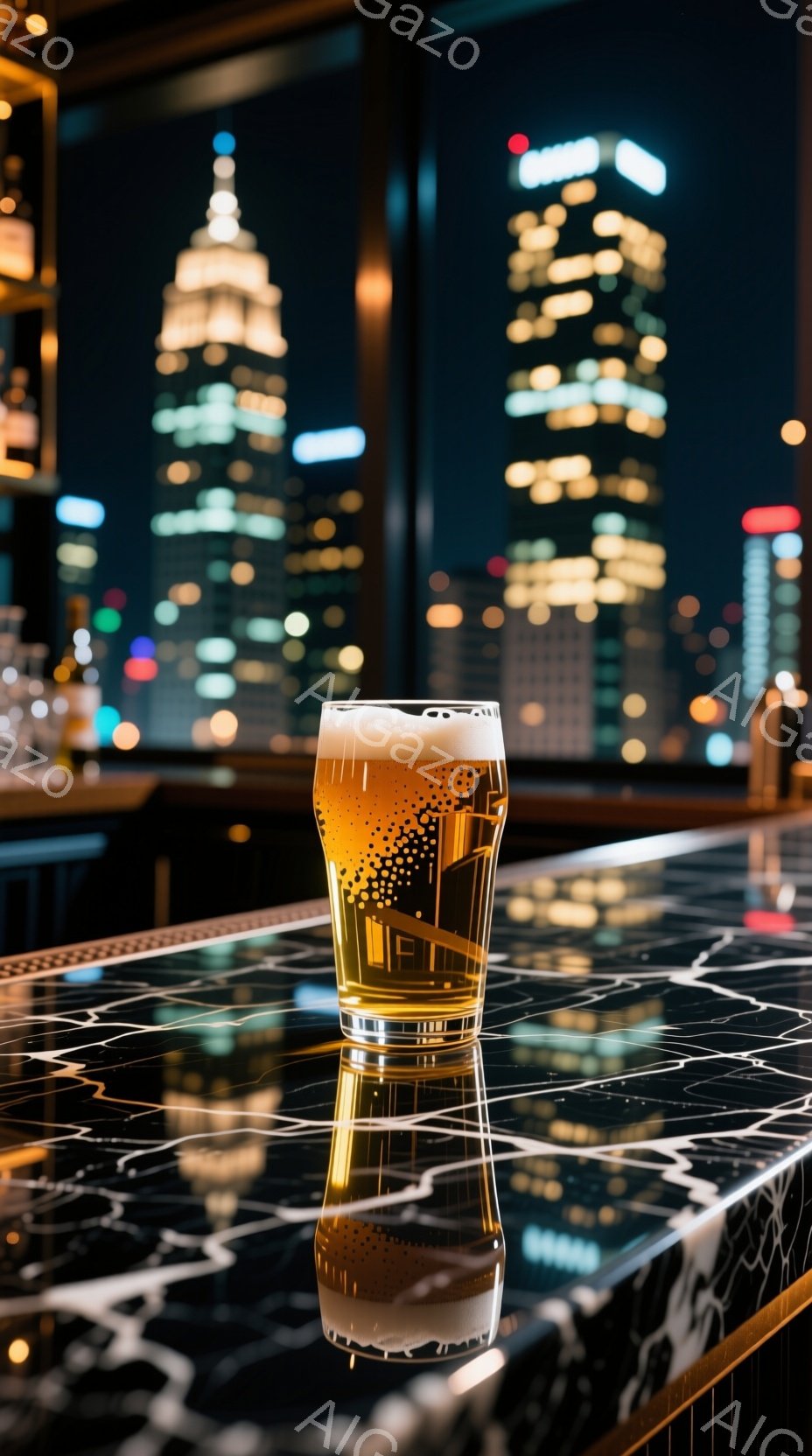 ガラスのジョッキに入ったビールが、大理石のような光沢のあるカウンターの上に置かれている。背景には夜景が広がり、高層ビル群が黄金色に輝いている。全体的に洗練された雰囲気で、都会の夜を楽しんでいるような気分になる。