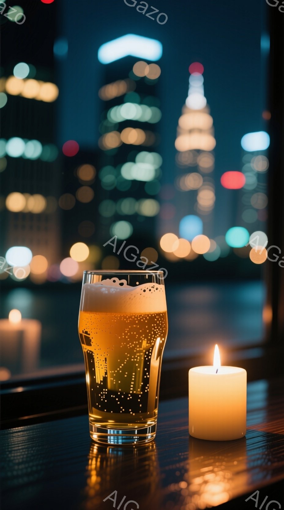 夜景を背景に、泡が美しいビールと点灯したキャンドルがテーブルの上に置かれている。ビールのグラスは光を反射し、キャンドルの炎は温かい光を放ち、リラックスした雰囲気を醸し出している。背景にはぼやけた高層ビル群が広がり、都会の夜の静寂と安らぎを感じさせる。