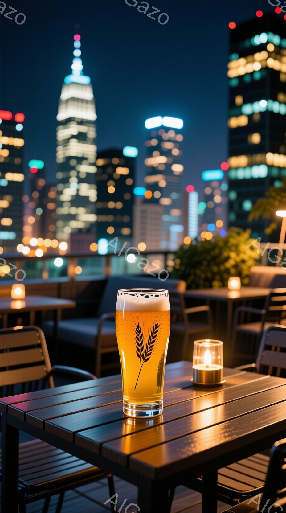 屋上テラスの木製テーブルの上に、小麦の穂が描かれたグラスに入ったビールと、灯されたキャンドルが置かれている。背景には夜景が広がり、高層ビル群がライトアップされているのが見える。暖色の照明と夜景が組み合わさり、落ち着いた大人の雰囲気を作り出している。