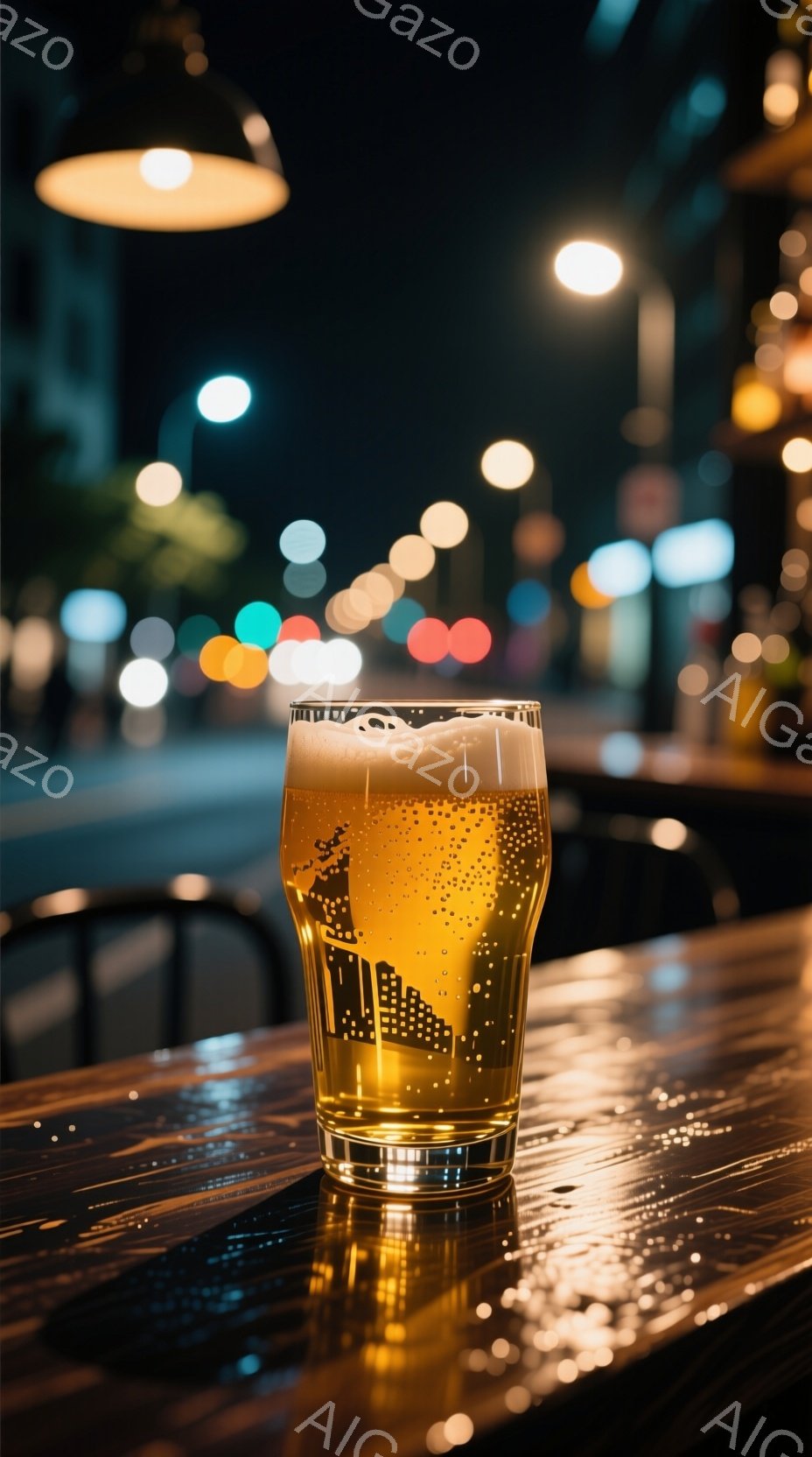 グラスに注がれた泡の多い金色のビールが、木製のテーブルの上に置かれている。背景は夜景のぼやけた光の点々で、バーやレストランのような雰囲気を示唆している。全体的に暖色系の光が支配しており、落ち着いた、リラックスした夜の雰囲気が漂っている。