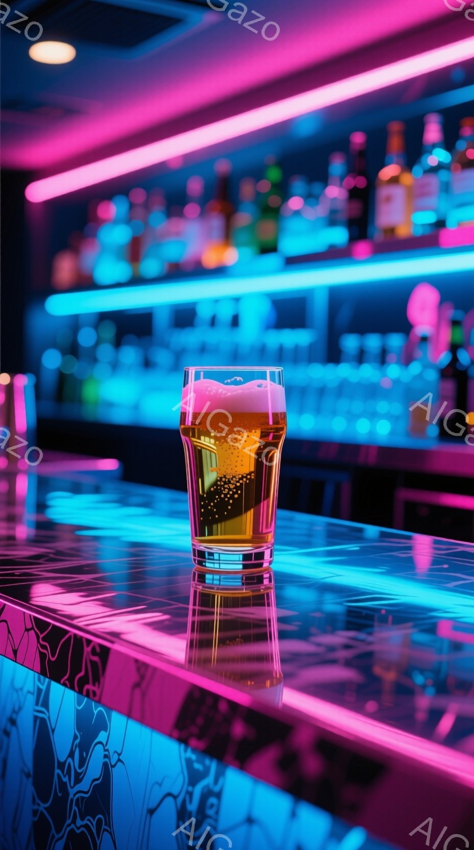 鮮やかなネオンライトが照らすバーカウンターに、泡の立つビールのグラスが置かれている。カウンターは青と紫のグラデーションで、光を反射して未来的な雰囲気を醸し出している。背景には様々な酒瓶が並び、バーの賑やかな空間を想像させる。