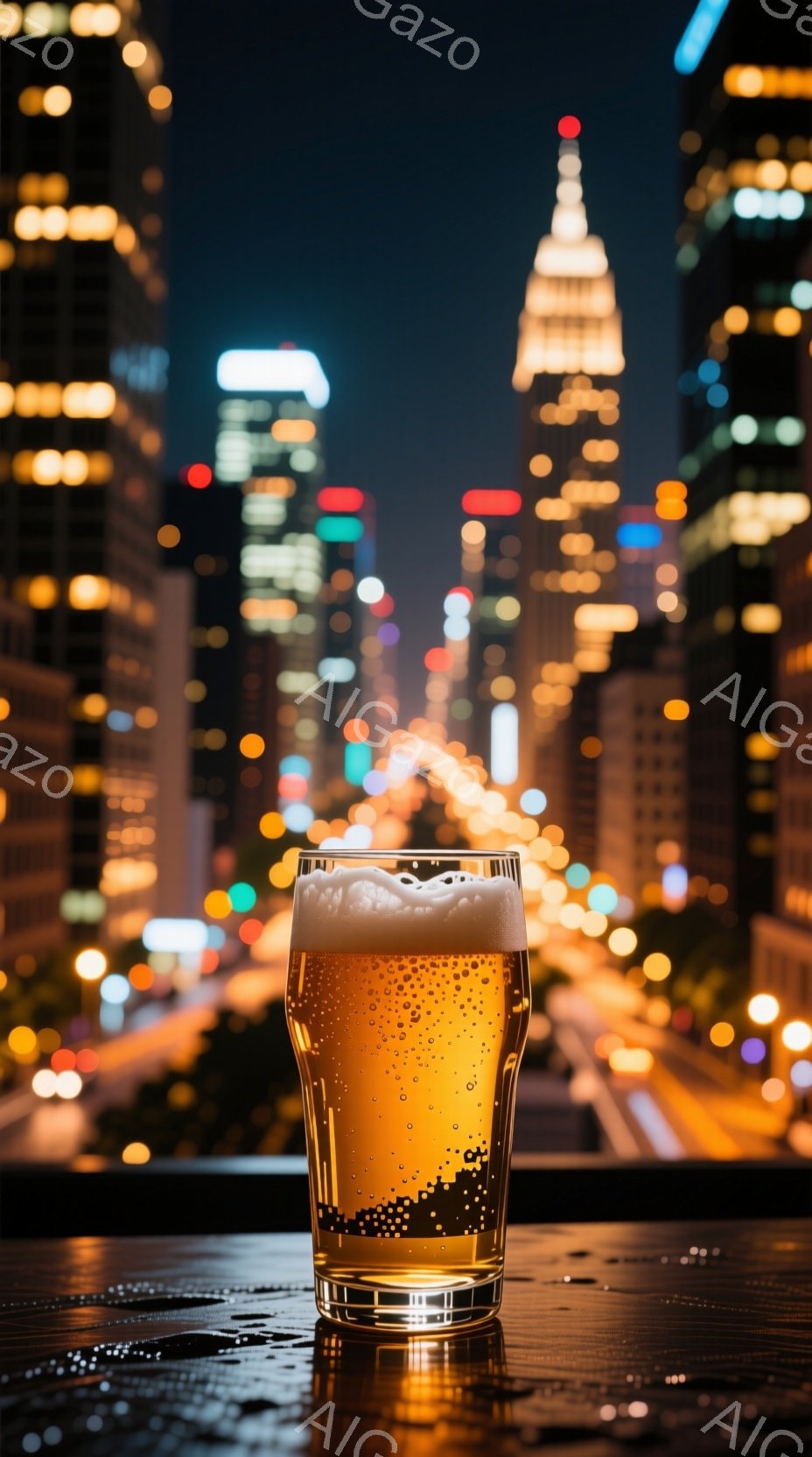 夜景を背景に、一杯の金色のビールがテーブルに置かれている。ビールのグラスは水滴で覆われ、泡が豊かに立ち込めている。遠景には高層ビル群がぼんやりと光り、都市の活気と夜の静寂が混ざり合った雰囲気が漂う。 - AI生成フリー素材