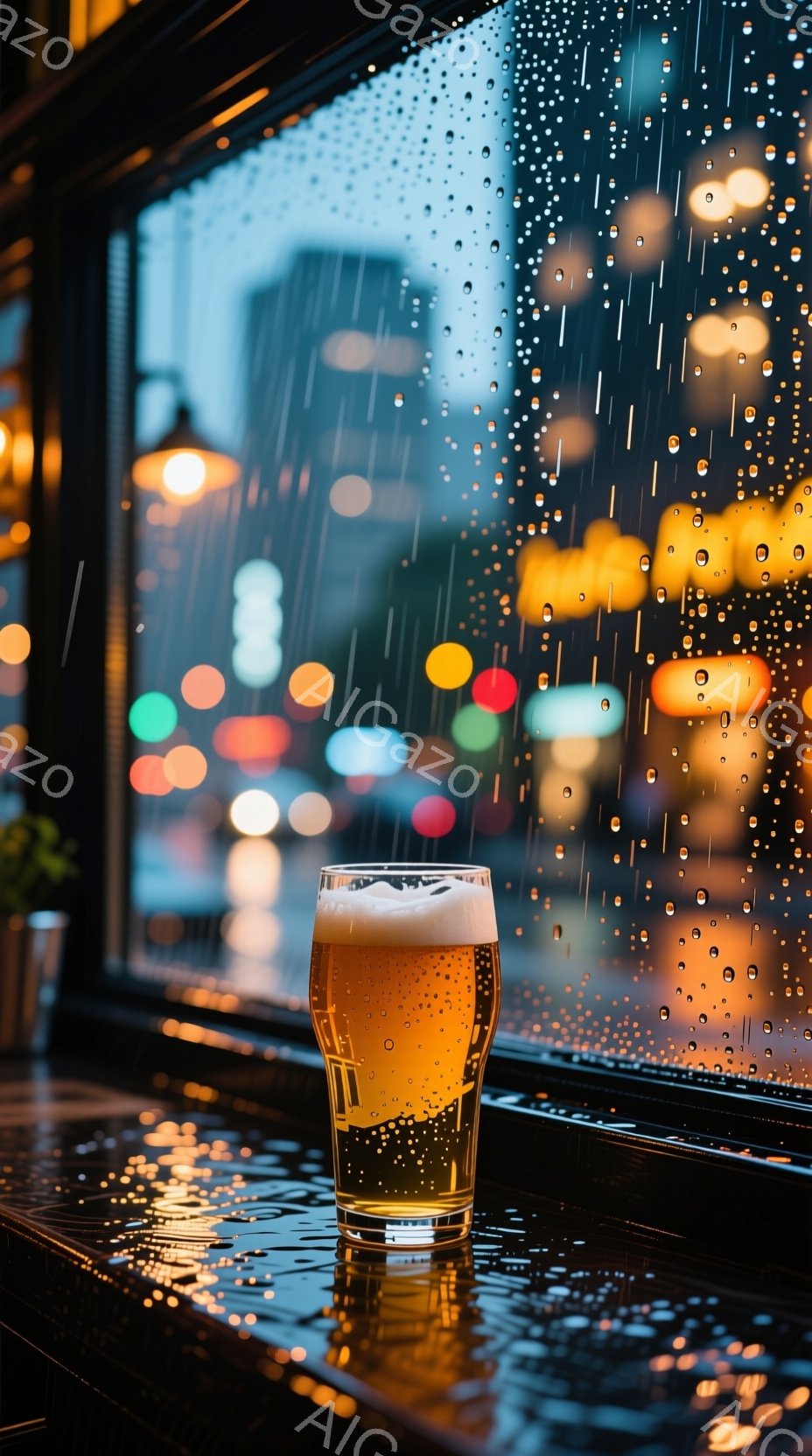 窓に雨粒が降り注ぐ中、カウンターに置かれたビールグラスが光を反射している。背景にはぼやけた都市の夜景が広がり、暖色系の光が雨のベールを通して見える。全体的に、雨の夜の落ち着いた、そして少し物憂げな雰囲気が漂っている。