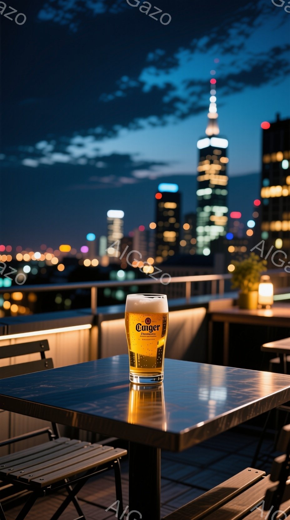 屋上テラスに置かれた、冷えたビールが印象的な写真です。背後には夜景が広がり、高層ビル群がライトアップされています。全体的に落ち着いた雰囲気で、都会の夜を楽しむひと時の様子が伝わってきます。