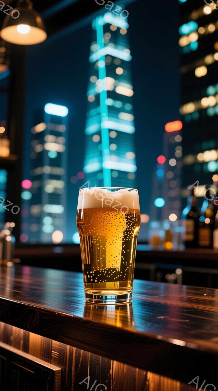 夜景を背景にした、一杯のビールが木製のカウンターの上に置かれている。ビールの液体は黄金色で泡が立ち、グラスの反射が美しい。背景には高層ビル群がぼんやりと光り、都会の夜の静けさとビールの爽やかさが感じられる。