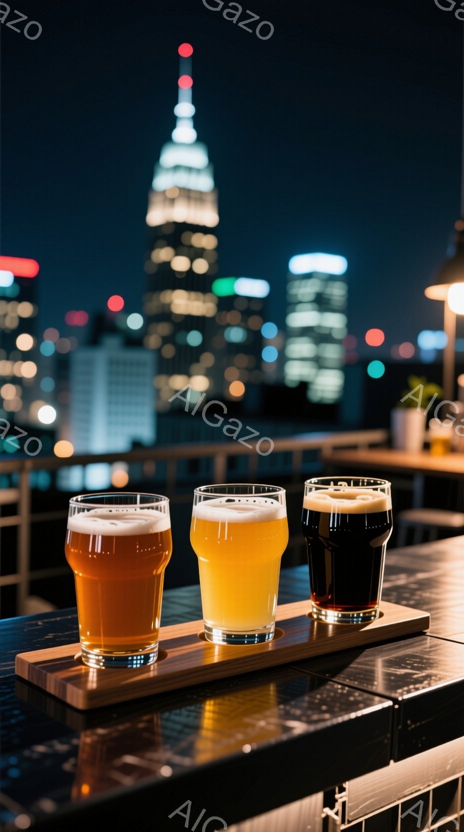 暗い背景に、3つの異なる色のビールが並んだ木製のトレイが置かれています。背景には高層ビル群がぼんやりと光り、夜景が広がっています。雰囲気は落ち着いていて、夜に都市の景色を眺めながらビールを楽しむ時間を - AI生成フリー素材