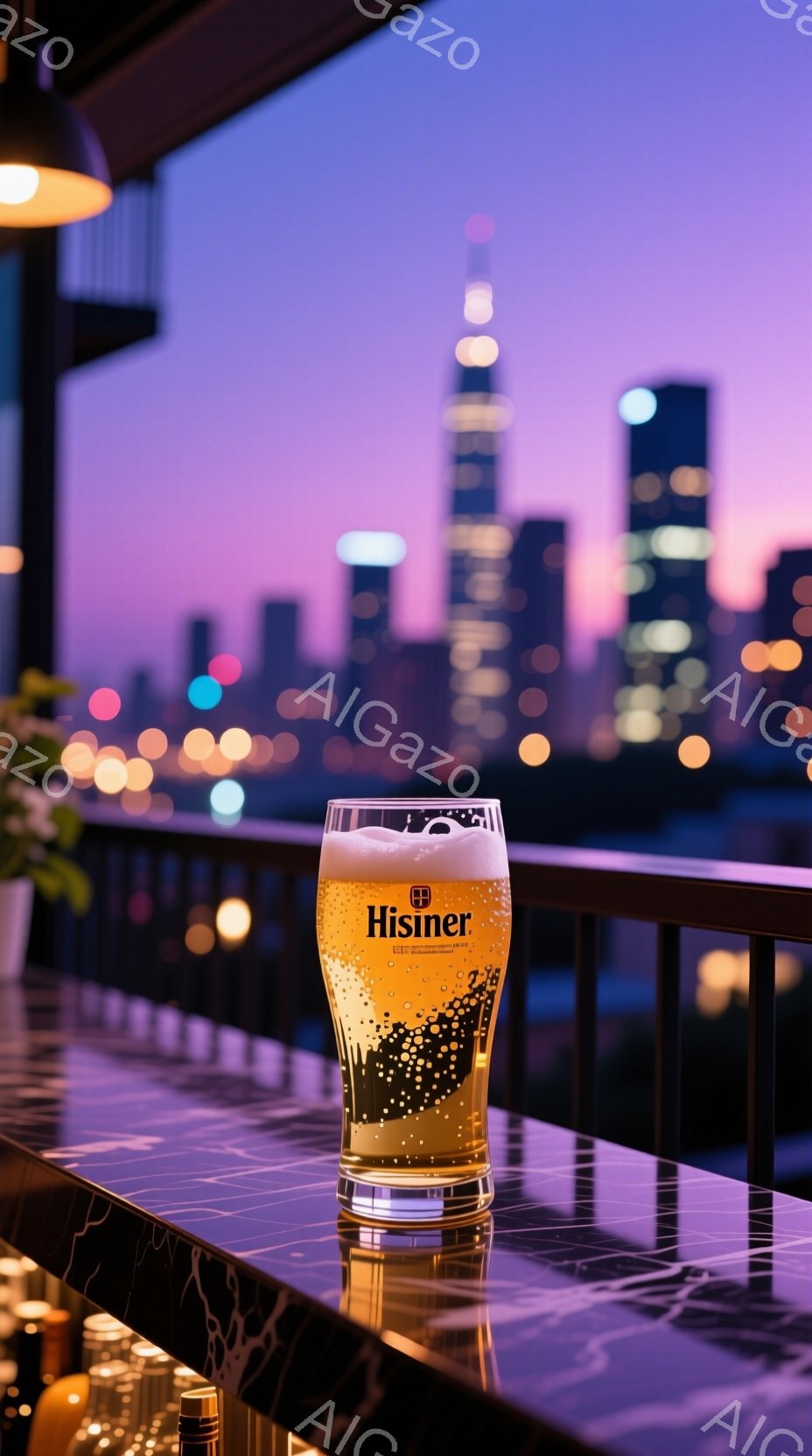 夜景を背景にしたバーカウンターに、泡が立ち込めるビールのグラスが置かれている。グラスには「Hisner」のロゴがはっきりと見え、カウンターは光沢のある大理石のような質感で、周りにはぼんやりとしたボトルが並んでいる。背景には、夕暮れ時の紫とオレンジのグラデーションの中に、都市のスカイラインがぼやけて見え、洗練された大人の雰囲気を感じさせる。