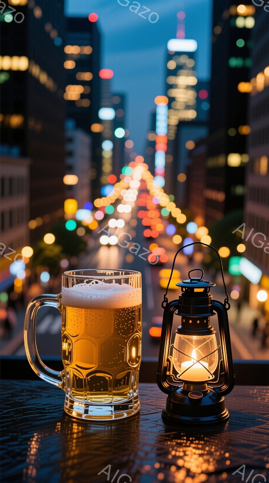 ガラスのジョッキに入った泡立つビールと、光るランタンが、夜景の見えるテラスに置かれている。遠くには高層ビル群が広がり、車のヘッドライトが光の帯のように見える。全体的に暖かく、落ち着いた雰囲気で、都市の夜を楽しんでいるような情景が想像される。