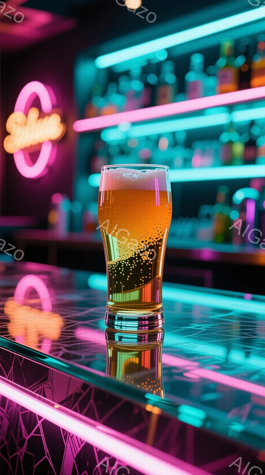 鮮やかなネオンライトに照らされたバーカウンターに、泡が立ち上る琥珀色のビールが置かれています。カウンターは光沢があり、ネオンの反射が映り込み、未来的な雰囲気を醸し出しています。背景には様々な種類の酒瓶が並び、カラフルな光が点滅し、賑やかなバーの様子を連想させます。