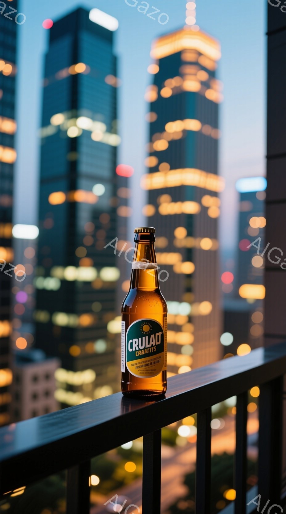 夜景を背景に、バルコニーの手すり上にクラフトビールのボトルが置かれています。ビルの窓から漏れる光が、夕闇の中にぼんやりと輝き、都会の夜の雰囲気を醸し出しています。ボトルは鮮やかな黄色と白のラベルで、手すりの黒とコントラストをなしています。