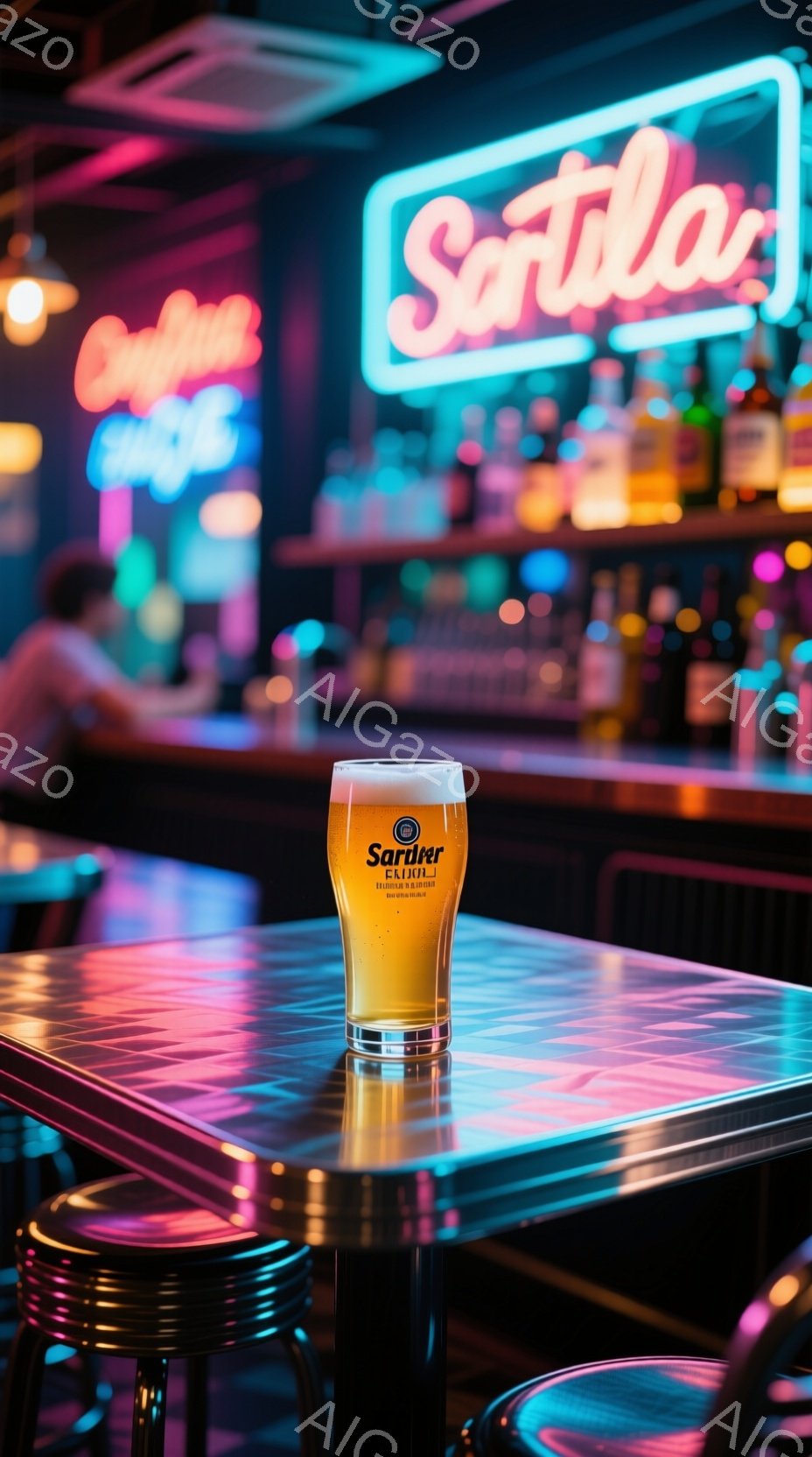 バーカウンターに置かれた、泡が乗った冷たいビールが中央に配置されている。背景にはネオンサインが光り、カラフルなボトルが並び、バーの賑やかな雰囲気が漂っている。紫とピンクのネオンライトが、カウンターとビールのグラスを照らし、幻想的な光景を作り出している。