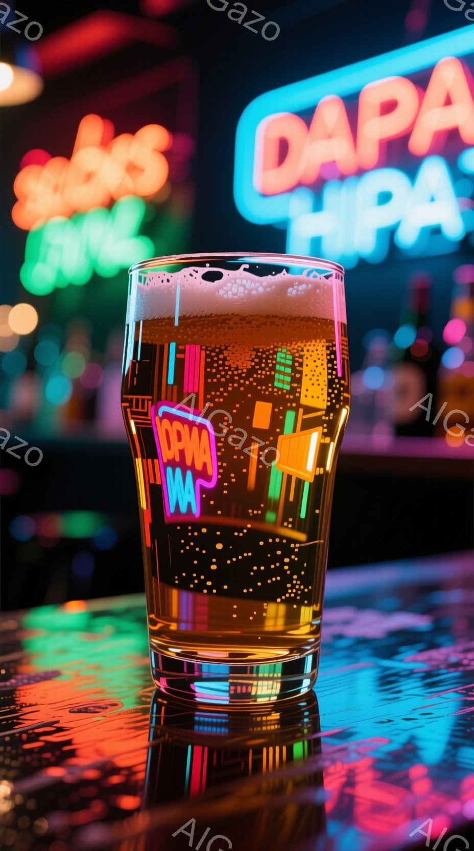 ビールグラスがネオンライトに照らされたバーカウンターに置かれている様子が写っている。グラスの中には泡が立ち、外側には街の夜景が反射してカラフルな光が輝いている。全体的に、夜の賑やかさとバーの雰囲気を捉えた鮮やかなイメージである。