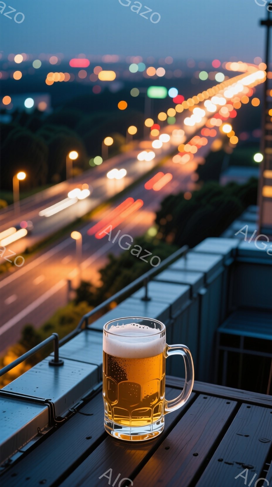 ガラス製のジョッキに泡がたっぷり入ったビールが、木製の柵の上に置かれている。背景には夜の高速道路が広がり、車のライトが線状に伸び、都会の夜景が広がっている。全体的に、夜の静寂とビールの爽やかさが感じられる、落ち着いた雰囲気の写真である。
