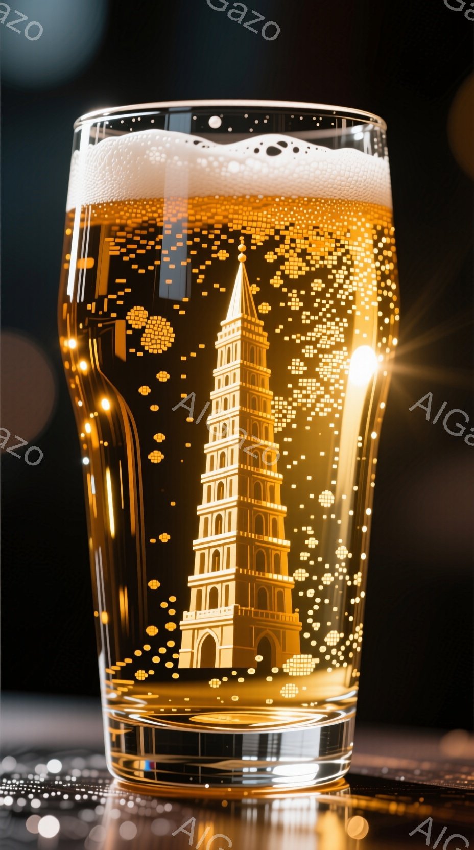鮮やかな黄金色のビールがグラスに満たされ、ビールの中にはモスクのような建造物が浮かび上がっています。グラスの表面には細かい輝く粒子が散りばめられ、光が反射して幻想的な雰囲気を醸し出しています。背景は暗く、テーブル面に反射する光がぼんやりと見え、ビールと建造物が際立っています。