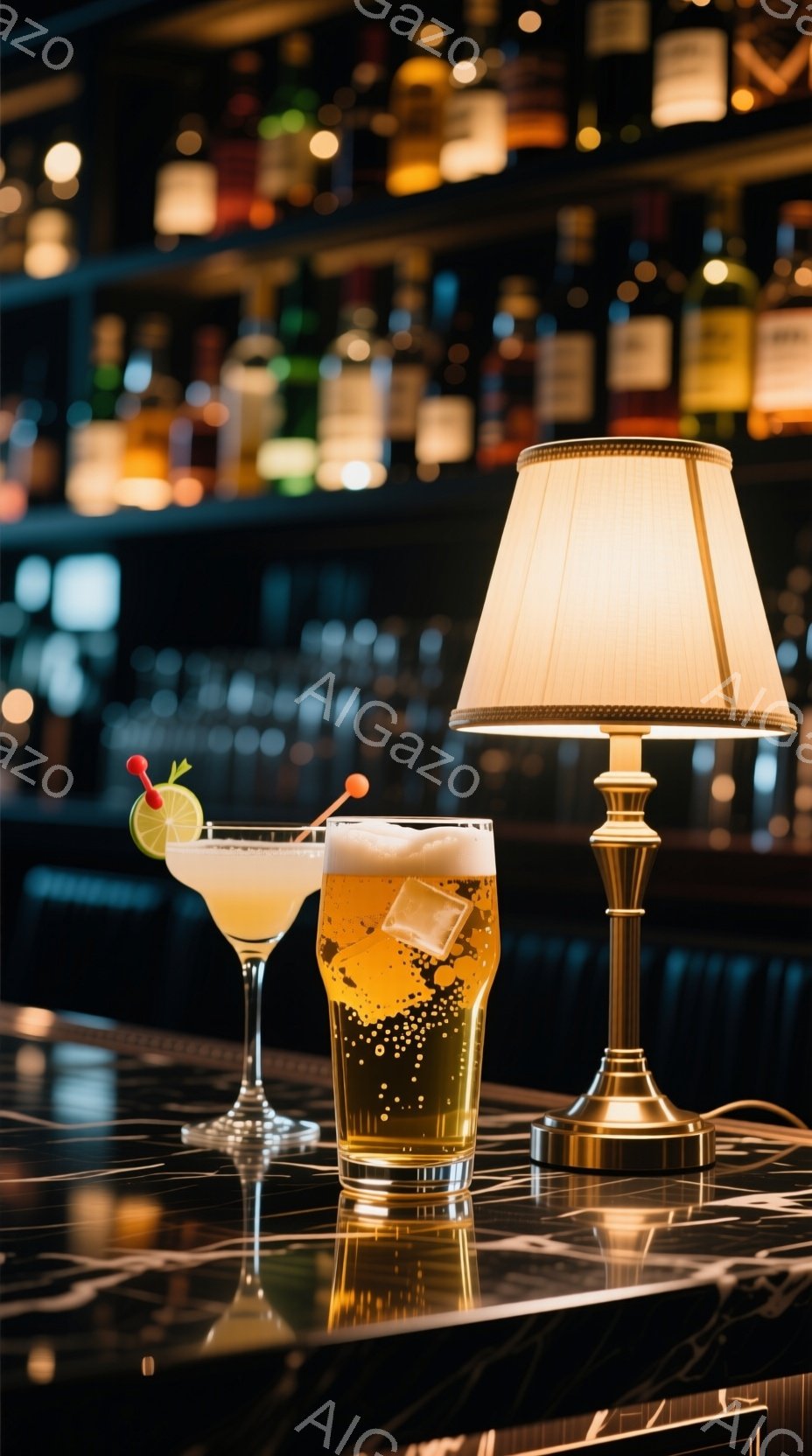 バーカウンターの上に、マルガリータとビールが並んでいます。背後にはぼやけた酒瓶が並び、小型のテーブルランプが二つのグラスを照らしています。カウンターの表面は磨かれて光沢があり、落ち着いた大人の雰囲気です。