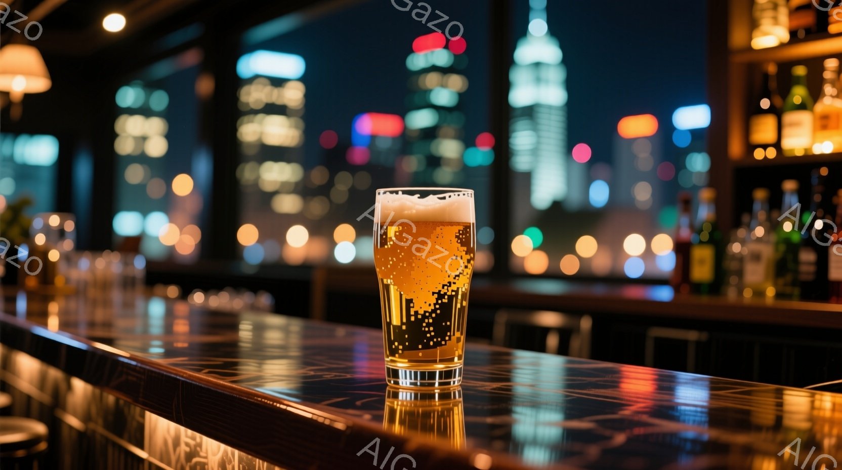 グラスに注がれたビールが、夜景を背景にしたバーカウンターに置かれている。カウンターは木目で、光が反射して輝いている。遠景には高層ビル群が広がり、都市の夜の活気を表している。 - AI生成フリー素材