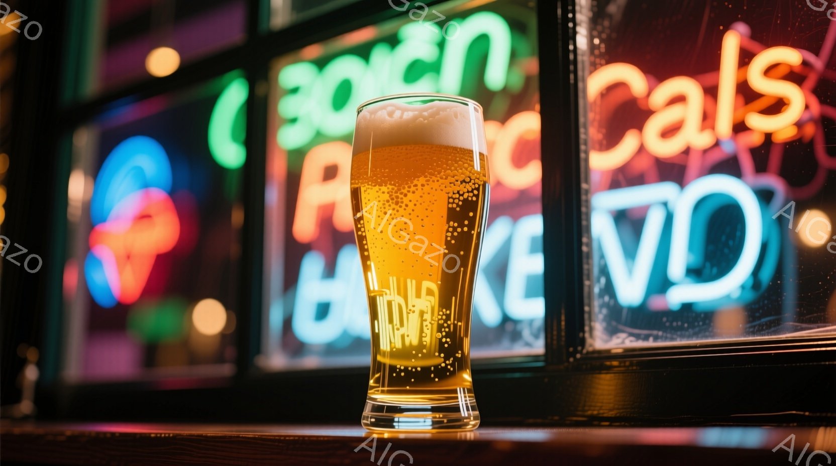光り輝くネオンサインを背景に、グラスに注がれた黄金色のビールが焦点となっている。泡は細かく、ビールそのものが新鮮で冷たいことを示唆している。全体的に、鮮やかで活気のあるバーの雰囲気を示唆する、夜の光景 - AI生成フリー素材
