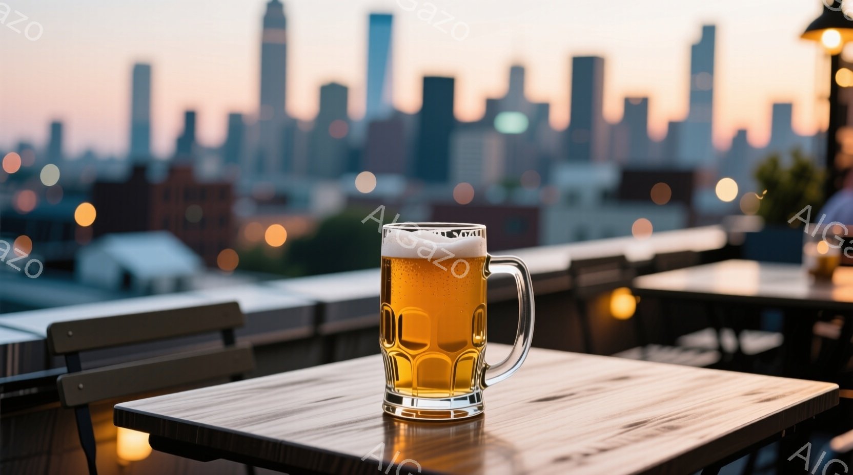 屋上テラスの木製のテーブルに、泡が乗ったグラスのビールが置かれている。背景には夕焼けに照らされた都市のスカイラインが広がり、暖かく落ち着いた雰囲気を醸し出している。テーブルの周りには他のテーブルや椅子が見え、心地よい夏の夜のひとコマを切り取った写真である。