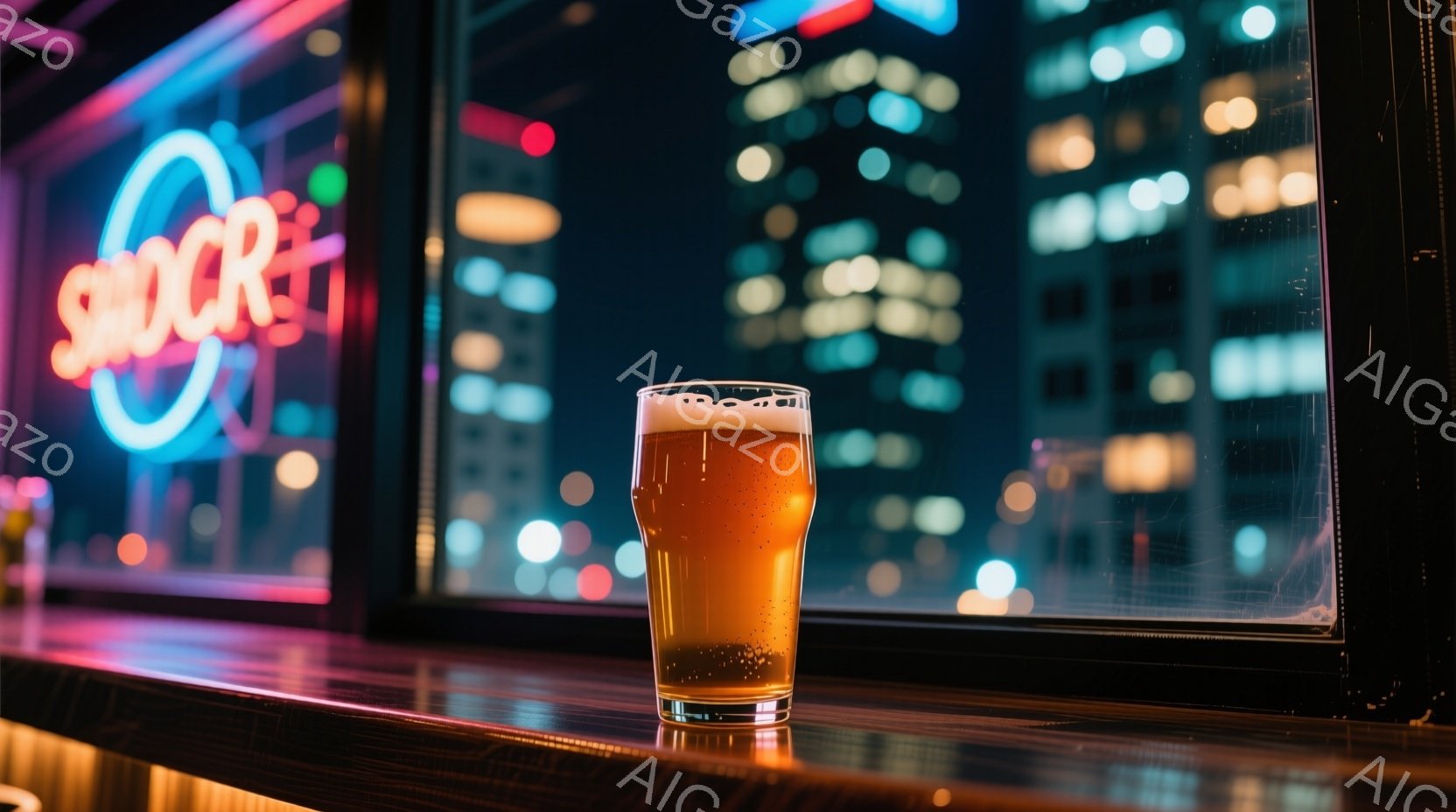 鮮やかなオレンジ色のビールがグラスに満たされ、カウンターに置かれています。背景には夜景が広がり、高層ビル群がぼんやりと光を放っており、ネオンサインがその空間を彩っています。全体的に落ち着いた雰囲気であ - AI生成フリー素材