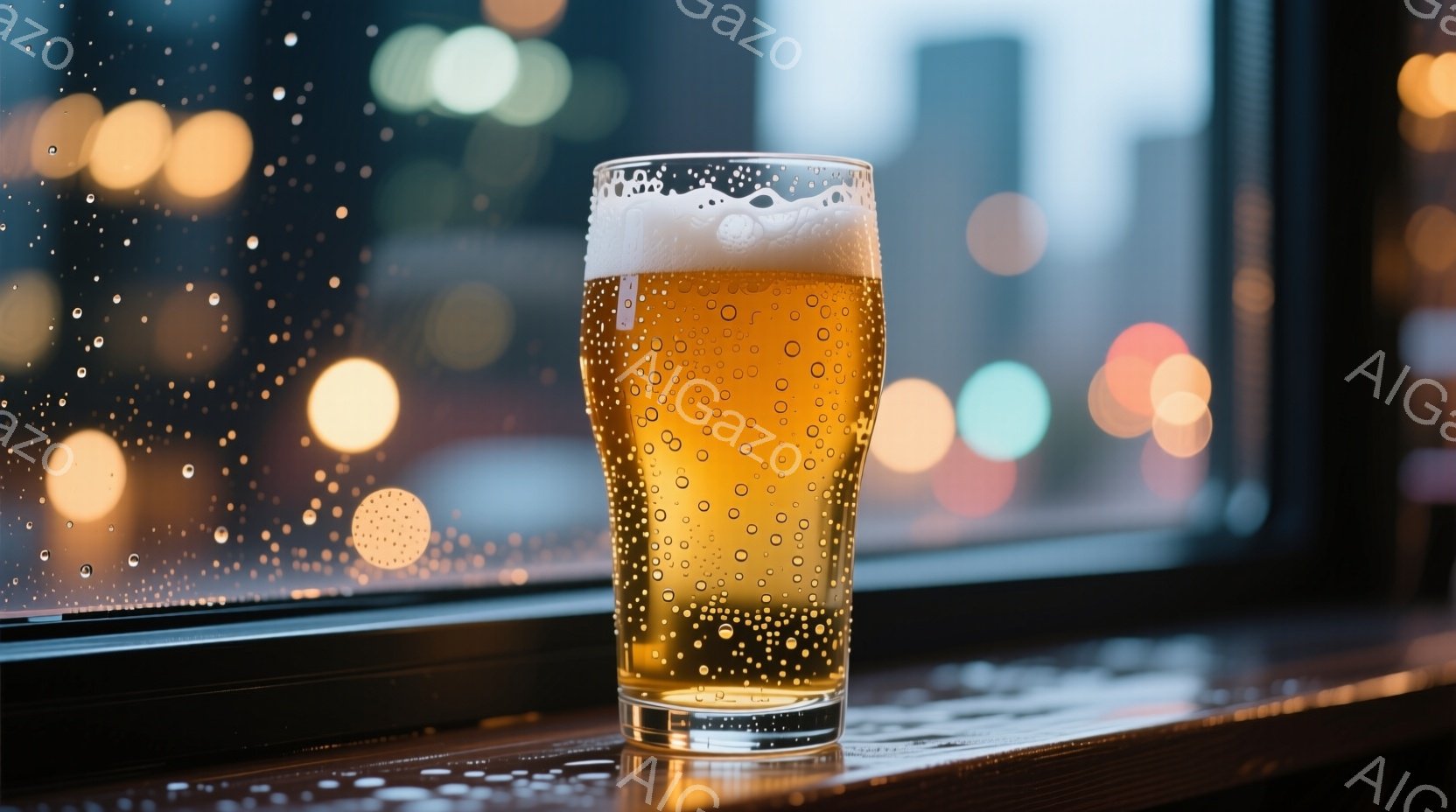 窓辺に置かれたグラスの中には、泡が豊かに立ち上る琥珀色のビールが満たされている。背景には、夜の街の光がぼんやりと見え、雨粒が窓ガラスを伝って流れ落ちる様子が捉えられている。全体的に、雨の日の静かで落ち着いた、少しノスタルジックな雰囲気が漂っている。