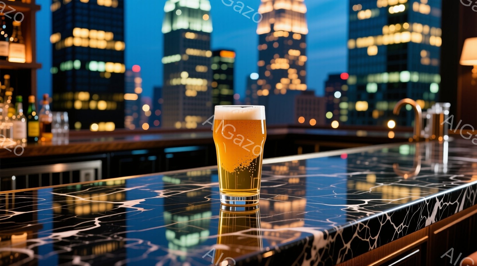 夜景を背景に、大理石模様のカウンターに置かれたグラスのビールが印象的だ。ビルの光が反射してカウンターが照らされ、夜の落ち着いた雰囲気を醸し出している。黄金色のビールと背景の都市の光が組み合わさり、洗練された大人の空間を演出している。