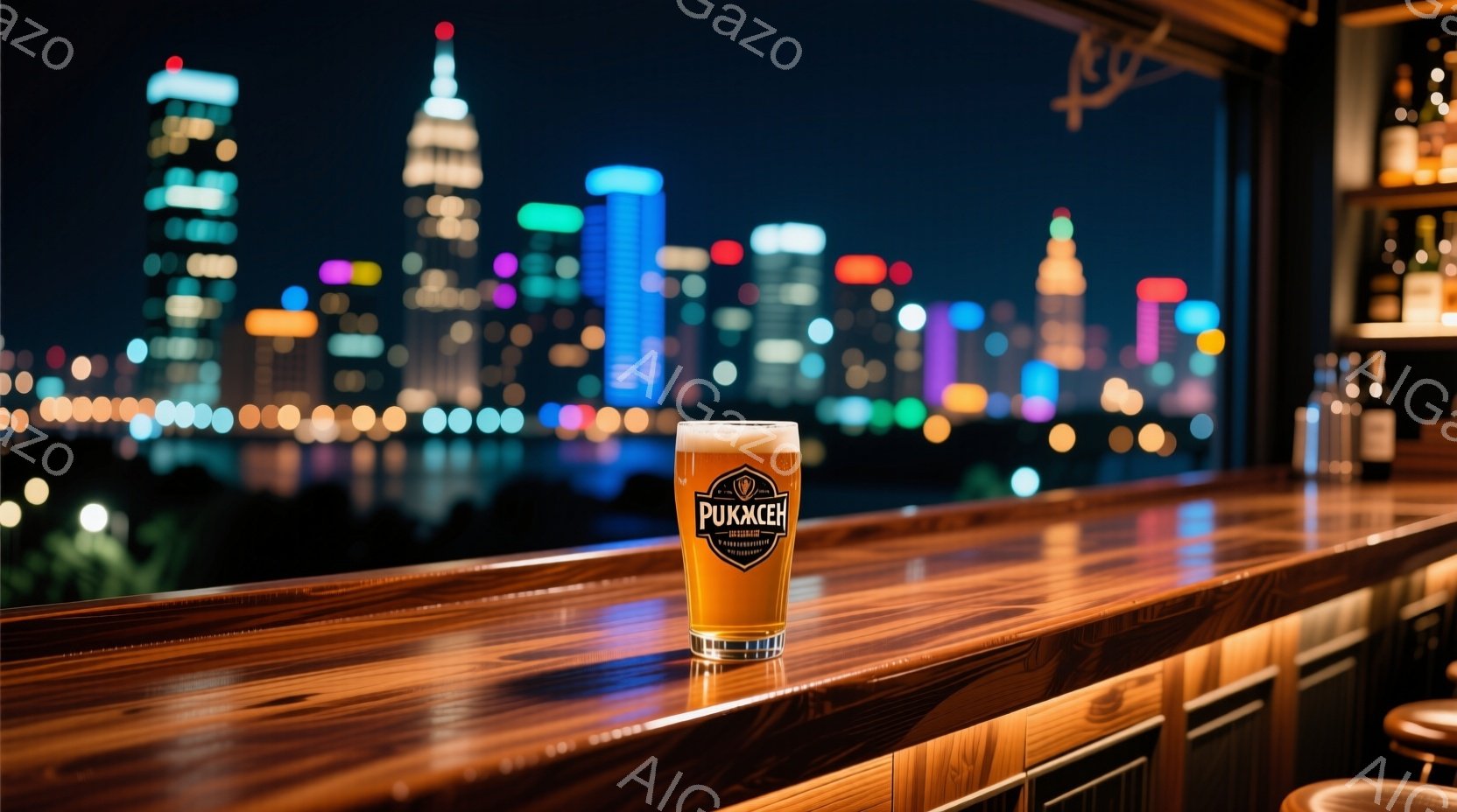 夜景を背景に、バーカウンターに置かれたグラスのビールが写っています。グラスには「PUCKLER」と書かれたラベルがあり、背景には高層ビル群が光り輝き、水面にも光が反射しています。暖色系の照明と夜景のコ - AI生成フリー素材
