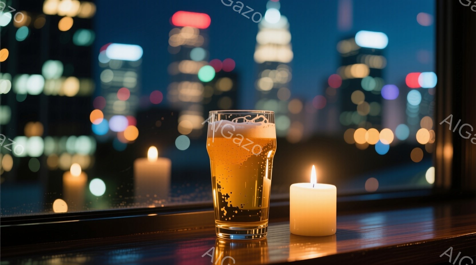 バーカウンターの上に、泡が乗ったビールが入ったグラスと、火の灯ったキャンドルが置かれている。背景には、夜景が広がり、高層ビル群がぼんやりと見えるが、光が点在し、幻想的な雰囲気を醸し出している。全体的に - AI生成フリー素材