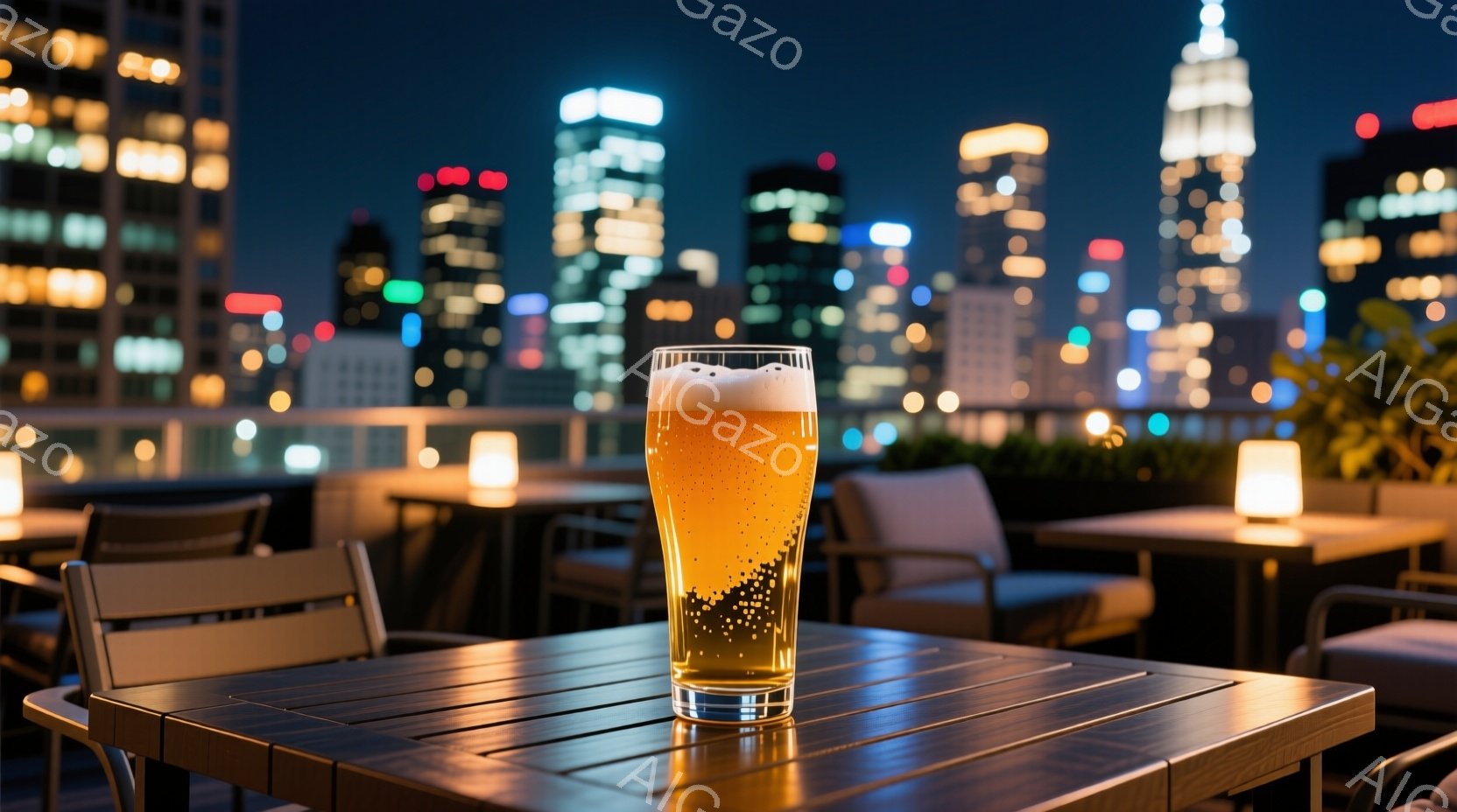 屋上のテーブルに置かれたグラスのビールが印象的な写真です。背景には夜景が広がり、高層ビル群が光り輝いています。全体的に落ち着いた雰囲気で、都会の夜を楽しむ大人の空間を演出しています。