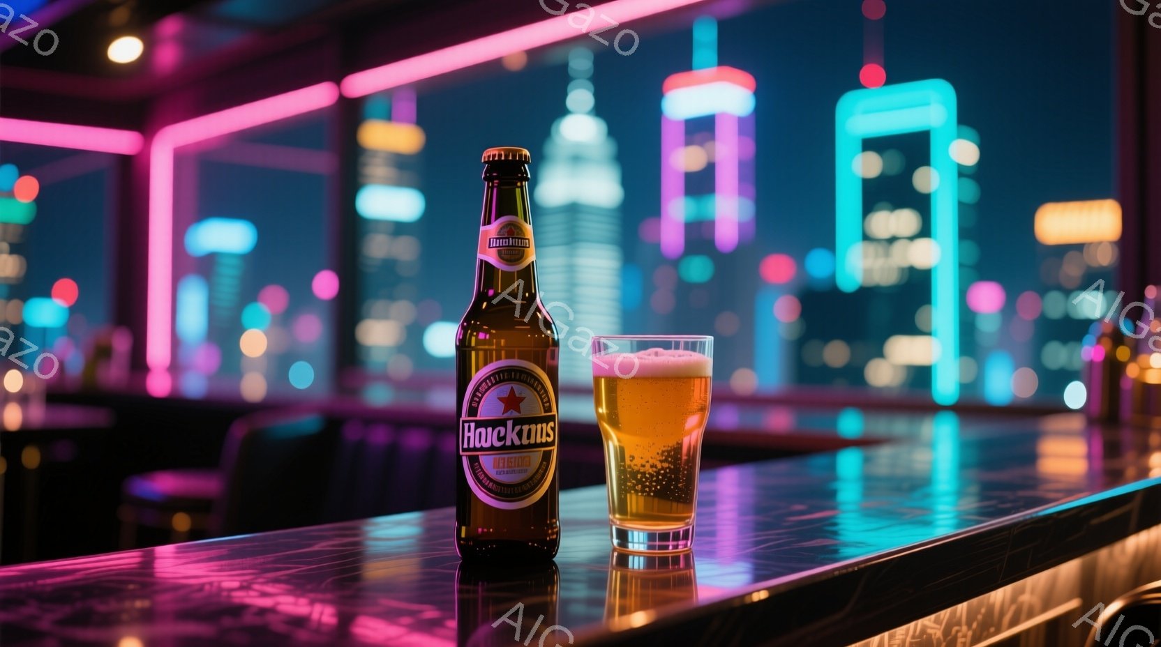 光り輝く都市の夜景を背景に、半満のビール瓶とグラスがカウンターの上に置かれています。ビールの泡はきめ細かく、グラスの中の液体は黄金色に輝き、夜景のネオンと鮮やかなコントラストを描いています。カウンターは反射しており、都市の光が水面のように映り込み、スタイリッシュでモダンな雰囲気を醸し出しています。