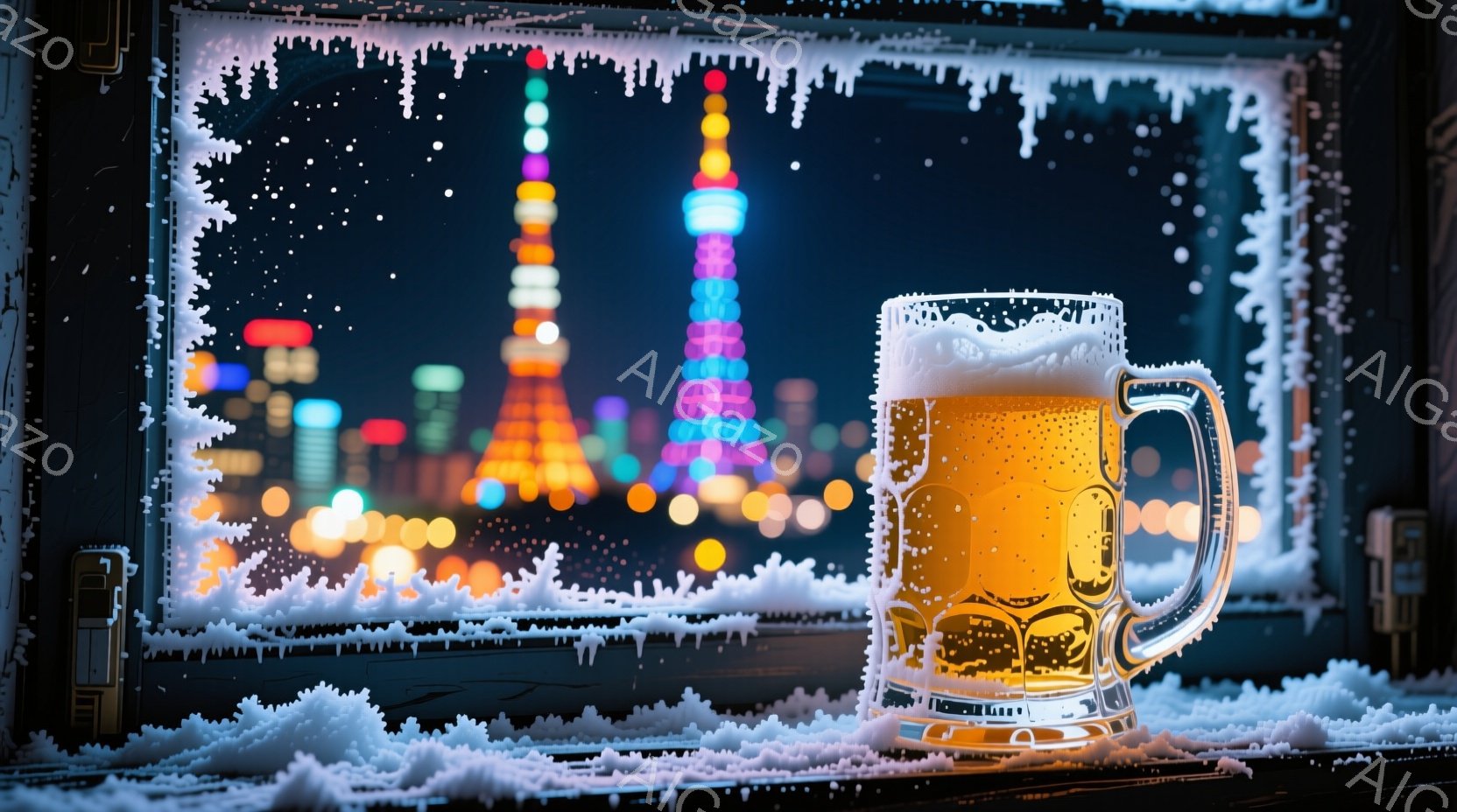 画像には、雪で覆われた窓枠の中に置かれたビールのグラスが写っています。背景には、夜の街並みとイルミネーションで輝く東京タワーがぼんやりと見え、冬の冷たい空気と暖かな光が混ざり合った雰囲気を作り出しています。グラス自体にも霜が降りており、冷たさと爽やかさを強調しています。