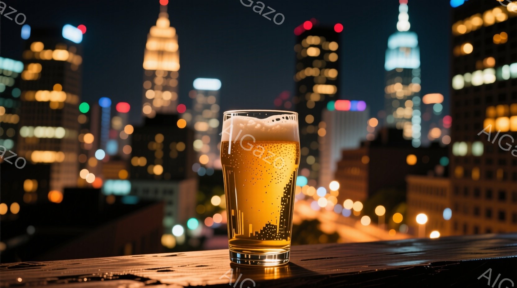 夜景を背景に、泡が乗ったグラスのビールが置かれている。高層ビル群がぼんやりと光り、都市の活気を感じさせる。木製のテーブルに置かれたビールは、都会の夜に安らぎを与えるような雰囲気を醸し出している。
