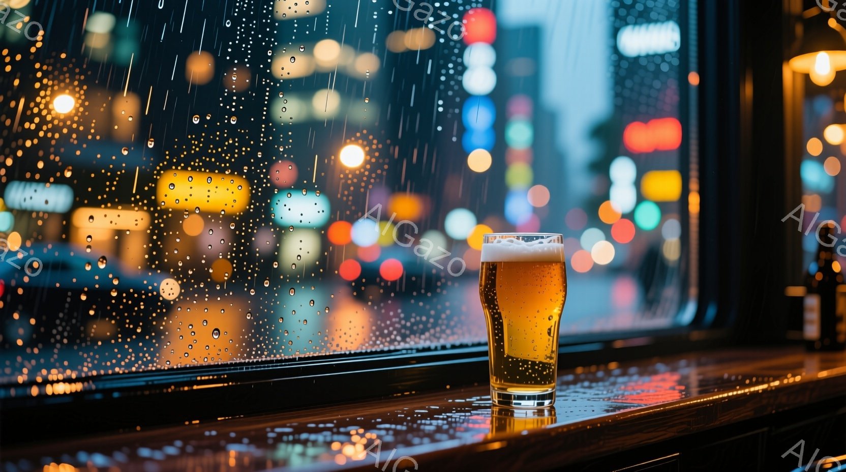窓の外は雨が降り、夜の街の光がぼやけて見える。カウンターの上に置かれたグラスに入ったビールは、泡立ち、黄金色に輝いている。全体的に、雨の夜の静かで落ち着いた雰囲気が漂い、ビールの温かさがその静寂を打ち破るような印象を受ける。