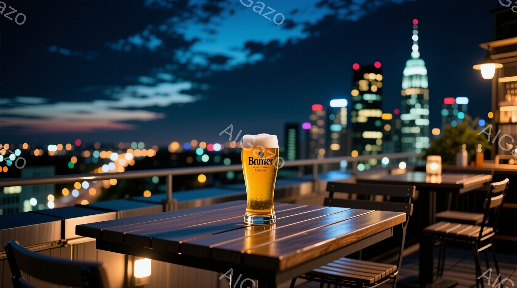 屋上テラスの木製のテーブルに、泡が美しいビールが置かれている。背景には夜景が広がり、高層ビル群がライトアップされ、遠くには雲が浮かんでいる。落ち着いた雰囲気で、都会の夜を楽しむためのリラックスした空間が表現されている。