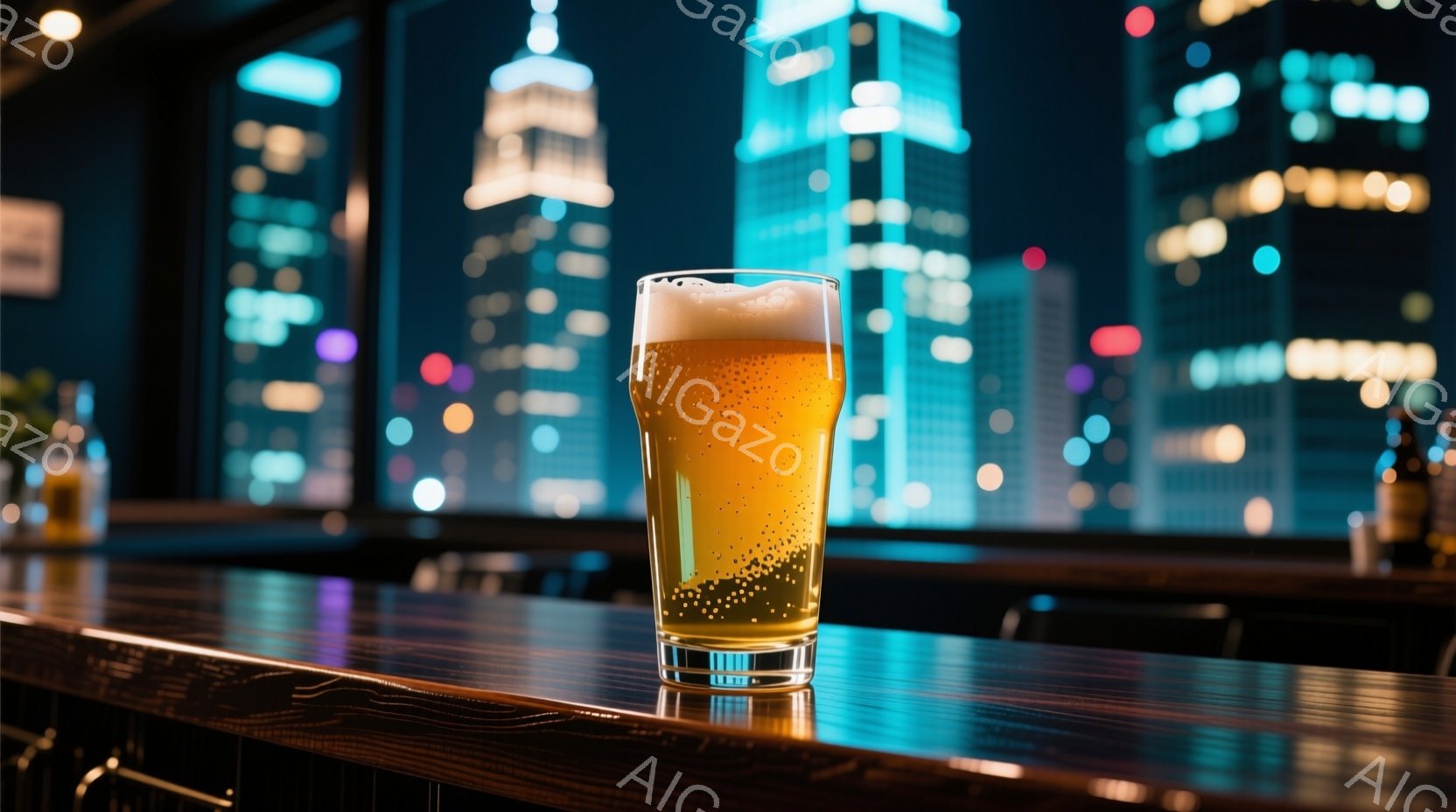 金色のビールが一杯、磨かれた濃い木製のカウンターの上に置かれています。背景には、夜のきらめく高層ビル群がぼやけており、都市の活気を感じさせます。全体的に洗練された都会的な雰囲気で、リラックスした夜のひ - AI生成フリー素材