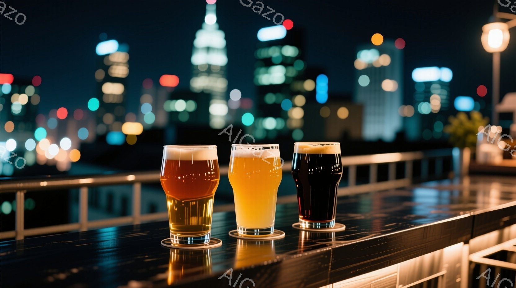 三つのグラスが、それぞれ異なる色のビールで満たされ、丸いコースターの上に並べられている。背後には、夜にライトアップされた高層ビル群が広がり、都会の夜景が広がっている。全体的に洗練された雰囲気で、落ち着いた大人の時間を感じさせる。