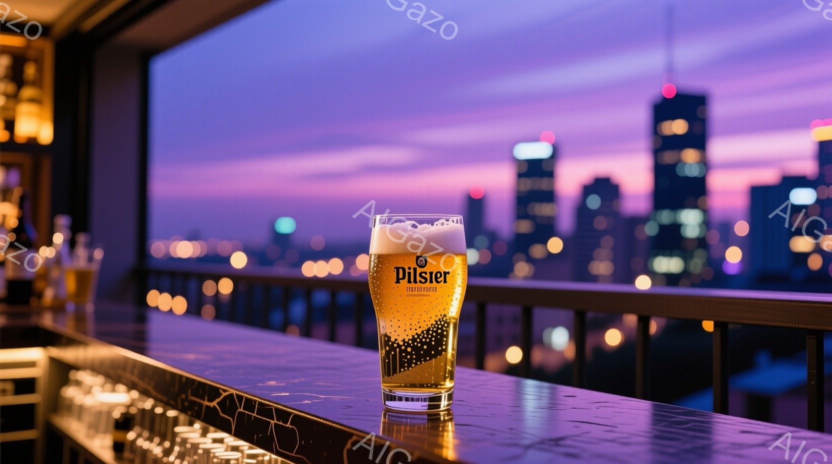 透明なグラスに注がれた、泡が立ち上る冷たいビールが、夕暮れ時の都市のスカイラインを背景に置かれている。紫とオレンジが混ざり合った空は、高層ビル群を照らし、都会の夜景が徐々に姿を現し始めている。スタイリッシュなバーカウンターのテクスチャと、夜景のコントラストが、洗練された都会的な雰囲気を醸し出している。