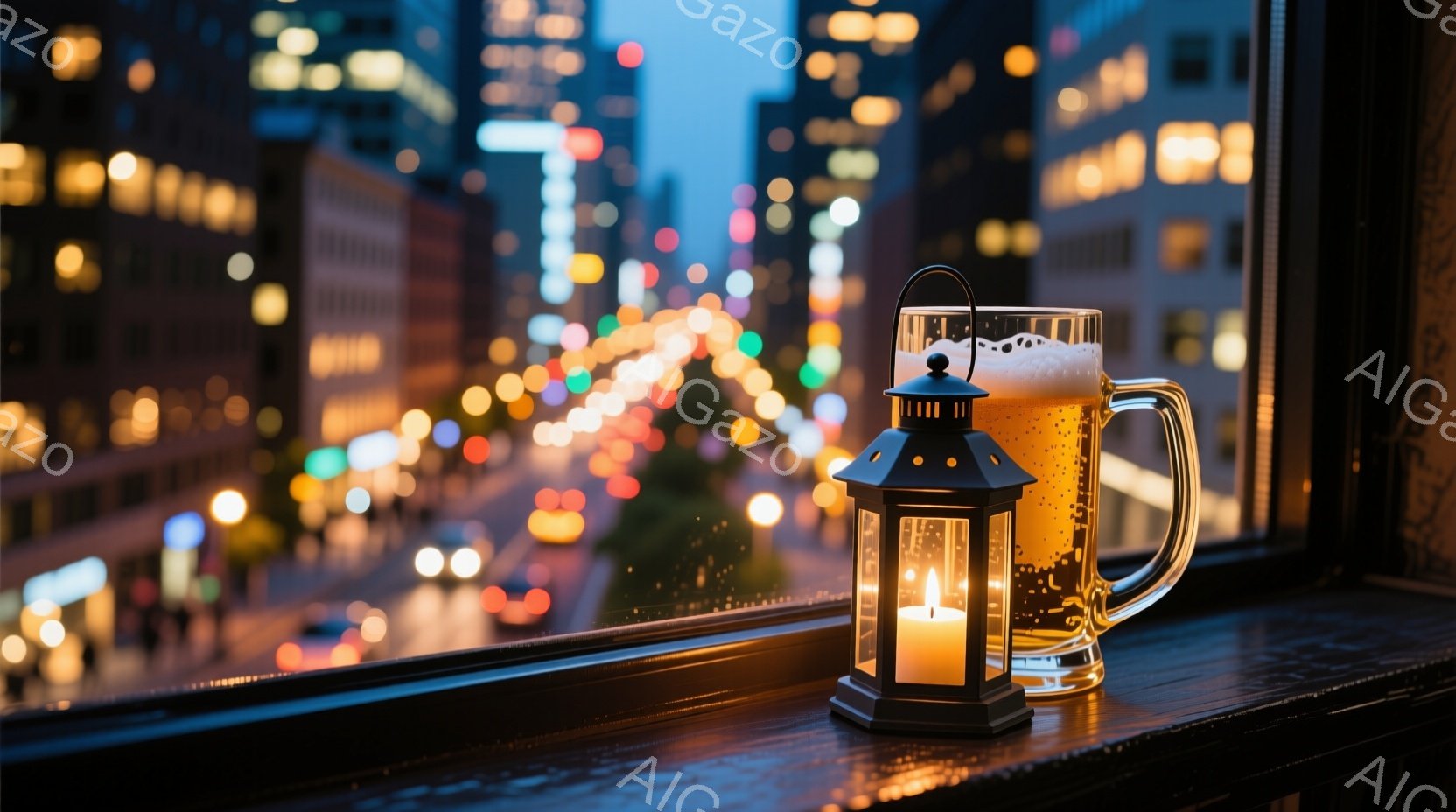 暗い木製の窓枠に、点灯した小さな提灯とビールの入ったグラスが置かれています。背景には、夜景が広がり、ぼやけた光の線が道路を照らし、高層ビル群がシルエットのように見えます。全体的に落ち着いた暖色系の照明と夜景が、静かで穏やかな雰囲気を醸し出しています。