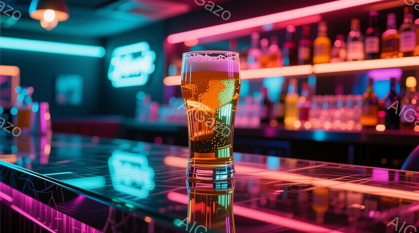 鮮やかなネオンライトが照らすバーカウンターの上に、泡が立ち上る黄金色のビールが置かれている。背景には様々な瓶が並び、カウンターの光が反射して幻想的な雰囲気を醸し出している。全体的に、夜のバーの活気と洗練さを感じさせる画像である。