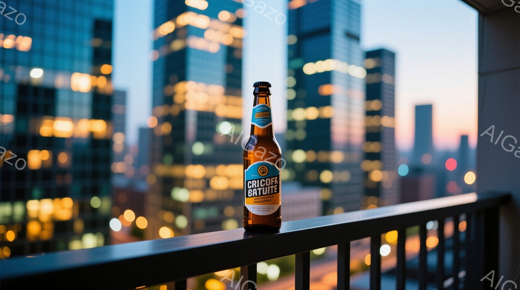 画像には、バルコニーの手すりに置かれた冷えたビールのボトルが写っています。背景には、夕暮れ時の都市のスカイラインが広がり、多くの高層ビルがオレンジ色や黄色の光で照らされています。全体的に、都会的で落ち着いた雰囲気であり、リラックスしたひとときを連想させます。
